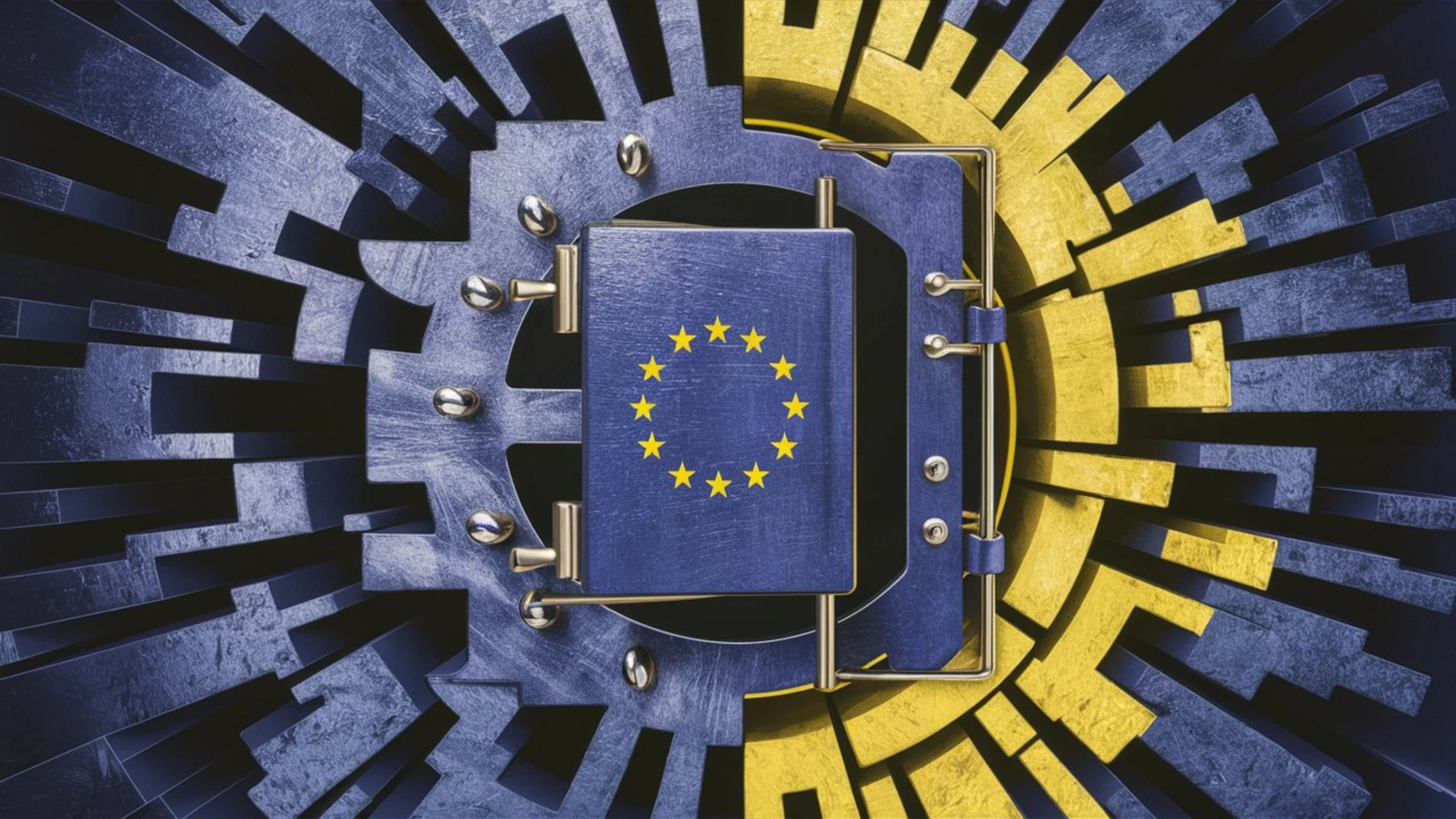 um cofre com a bandeira da União Europeia, embutida em um complexo mecanismo de engrenagem, sugerindo a proteção propriedade intelectual - efacont