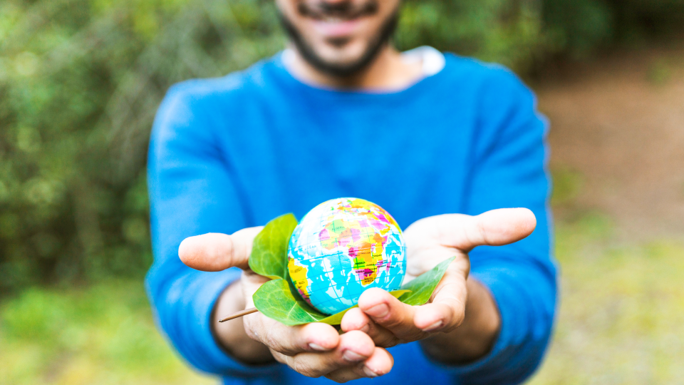 Uma pessoa com um suéter azul segura um pequeno globo apoiado em folhas verdes, estendendo-o para frente com ambas as mãos. O fundo natural e desfocado destaca a definição de cuidado ambiental e responsabilidade global, convidando à reflexão sobre as externalidades que impactam nosso planeta. - Efacont