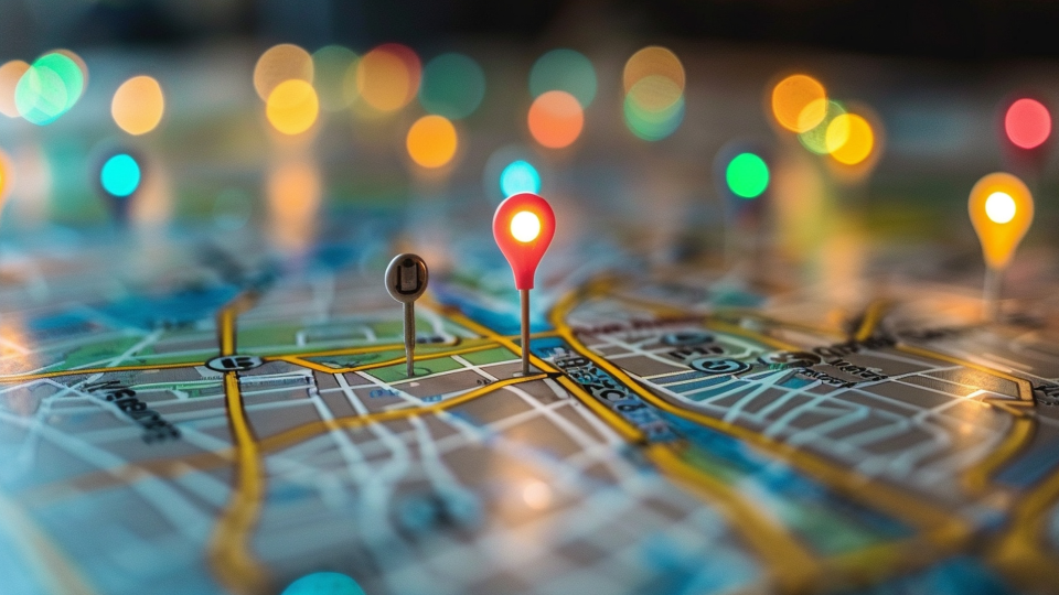 Um mapa digital colorido com pinos de localização brilhantes atua como uma poderosa ferramenta de geotargeting. Um pino vermelho proeminente marca um ponto central entre os multicoloridos, perfeito para esforços estratégicos de marketing e SEO. Estradas detalhadas e nomes de áreas ficam borrados no fundo, realçados por luzes bokeh vibrantes. - Efacont