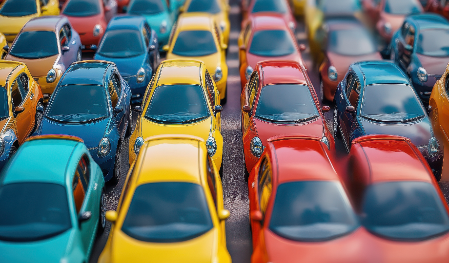 Vista aérea de uma variedade colorida de carrinhos de brinquedo perfeitamente alinhados, lembrando veículos no dia da IUC. Os carros variam em cores brilhantes, incluindo vermelho, amarelo, azul e laranja. Cada um apresenta um design arredondado e está disposto de perto no que parece ser uma superfície lisa. - Efacont