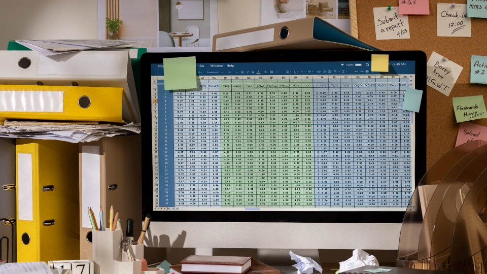 Uma mesa de escritório desorganizada com um computador exibindo uma planilha grande. Ao redor do monitor há post-its coloridos, pastas e pilhas de papel. No primeiro plano, canetas e um porta-lápis repousam ao lado de papéis e cadernos amassados, refletindo as complexidades da taxonomia na contabilidade. - Efacont