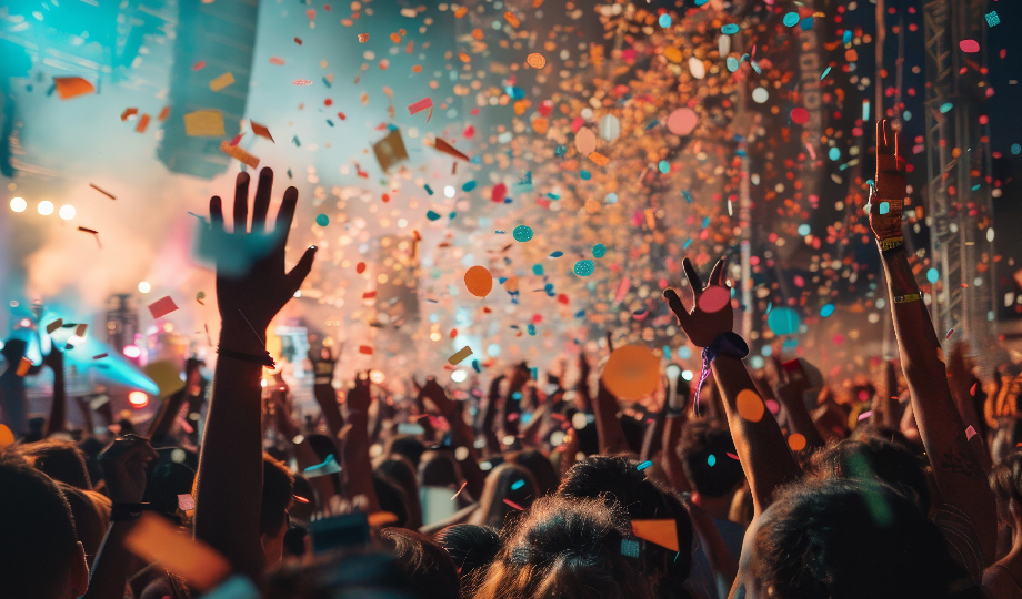 Uma multidão vibrante em um show com as mãos levantadas no ar, confetes coloridos caindo e luzes brilhantes no palco iluminando uma atmosfera animada — uma cena emocionante em um grande evento musical apoiado pelo Apoio Portugal Events. - Efacont