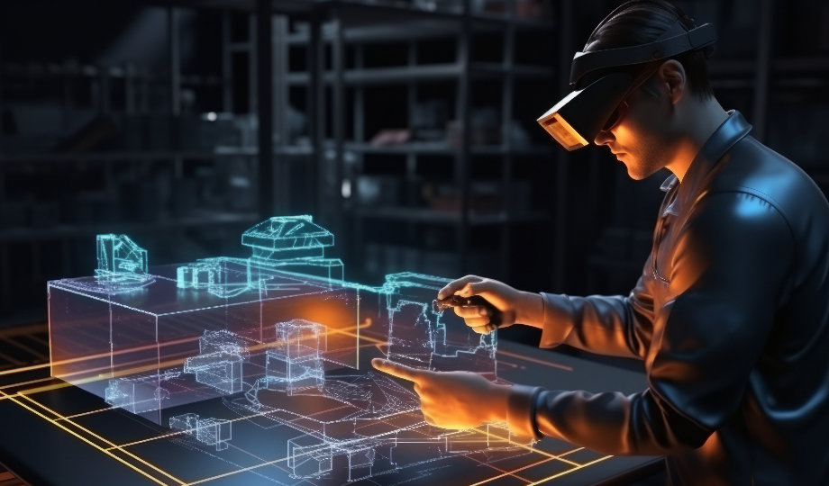 Uma pessoa usando óculos de realidade aumentada interage com modelos holográficos 3D brilhantes de objetos mecânicos em uma mesa digital em um laboratório de alta tecnologia, explorando conceitos de engenharia virtual, como o que é uma patente industrial. - Efacont