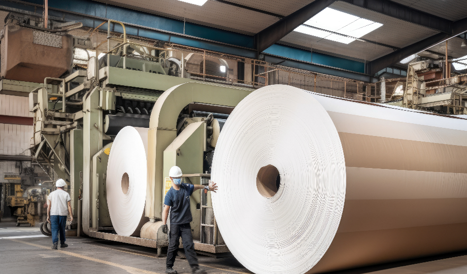 Um trabalhador com capacete e colete de segurança está ao lado de enormes rolos de papel dentro de uma Indústria do Papel, cercado por grandes máquinas e pilhas de papel sob um teto alto com claraboias. - Efacont