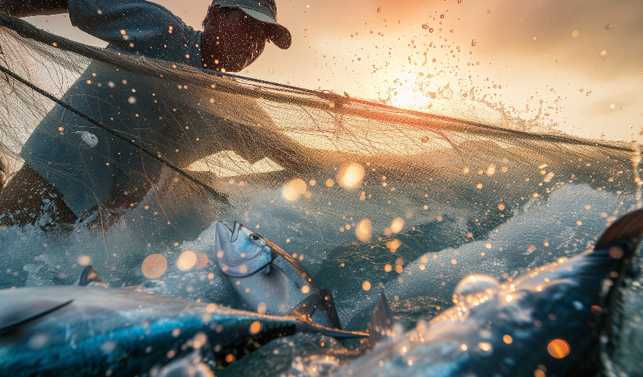 Uma pessoa de chapéu puxa da água uma rede cheia de peixes que se debatem ao nascer do sol, personificando a sustentabilidade na pesca. A água respinga e brilha na luz quente, destacando vários peixes grandes e prateados que se debatem na cena enérgica. - Efacont