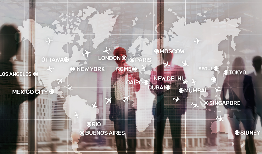 Um mapa-múndi semitransparente com nomes de cidades e ícones de aviões é sobreposto em uma janela, com silhuetas no plano de fundo sugerindo um aeroporto. Cidades importantes como Londres, Tóquio e Nova York estão marcadas, destacando empresas exportadoras globais. - Efacont