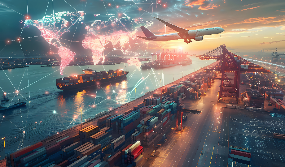 Um navio de carga e um avião se movem perto de um porto movimentado com contêineres empilhados ao pôr do sol. Um mapa digital se sobrepõe ao céu, destacando as soluções de comércio global, logística, financiamento Invest Export e linha BPF para empresas exportadoras em todo o mundo. - Efacont