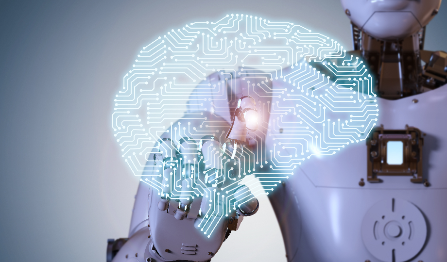 Um robô humanoide toca em um holograma brilhante em forma de cérebro formado por circuitos digitais azuis, simbolizando a inteligência artificial e a tecnologia em ia nas pme. O fundo neutro destaca o corpo metálico do robô e o padrão de circuitos iluminados. - Efacont