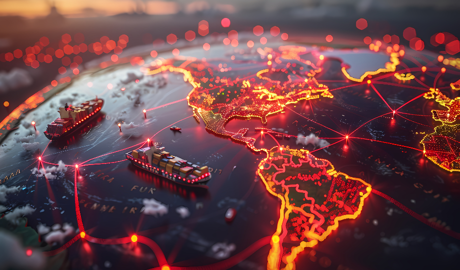 Um globo estilizado mostra as Américas do Norte e do Sul com linhas e pontos vermelhos brilhantes, representando as rotas marítimas globais. Grandes navios de carga destacam o comércio internacional e a exportação para a China, sugerindo conectividade para as empresas portuguesas. - Efacont