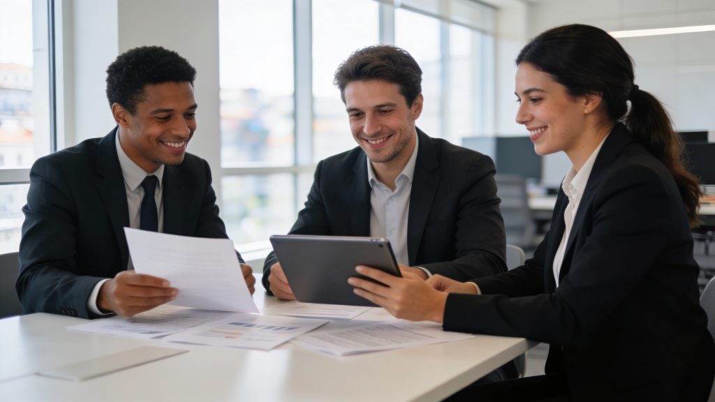 Três profissionais de negócios, dois homens e uma mulher, sentam-se à mesa em um escritório moderno, sorrindo enquanto colaboram com documentos, um tablet e um guia fiscal. Grandes janelas enchem o espaço de trabalho de luz natural. - Efacont