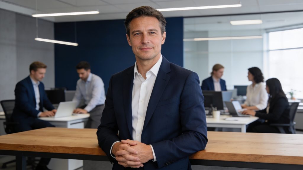 Um homem confiante em um terno azul-marinho está em uma mesa de madeira, olhando para a câmera em um escritório moderno. Atrás dele, quatro pessoas trabalham em laptops e papéis, discutindo guias fiscais e Prestações Suplementares, com grandes janelas e paredes azuis e brancas. - Efacont