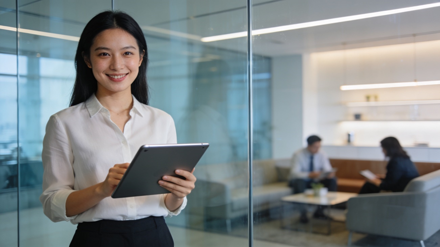 Uma mulher de blusa branca está sorrindo, segurando um tablet em um escritório moderno com paredes de vidro. Atrás dela, duas pessoas discutem estratégias do Siac internacionalização - Efacont